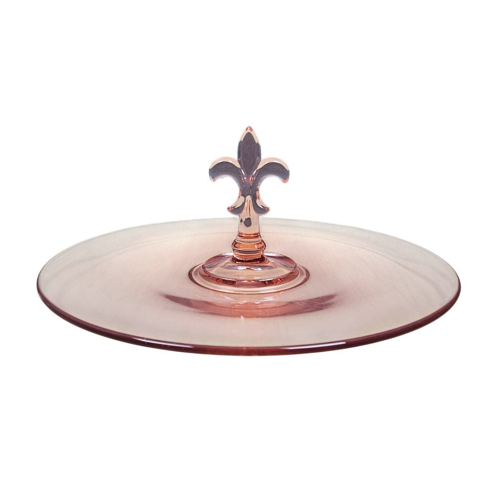 Vintage Pink Glass Platter Fleur de lis Center Handle Collectible Sandwich Tray